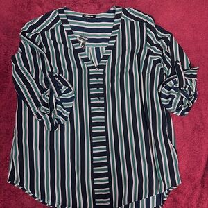 Express Navy, Teal & White Vertical Stripe V-Neck Blouse